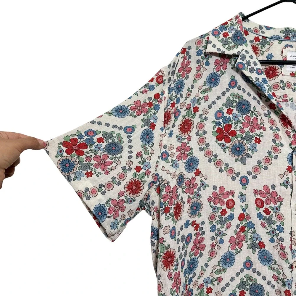 Denim & Flower Floal Print Camp Shirt Short Sleeve Button Up Men's Size XL